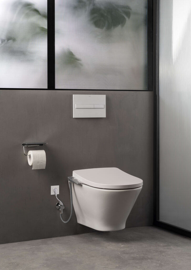 Tapa japonesa Roca suspendida sobre pared gris en baño moderno